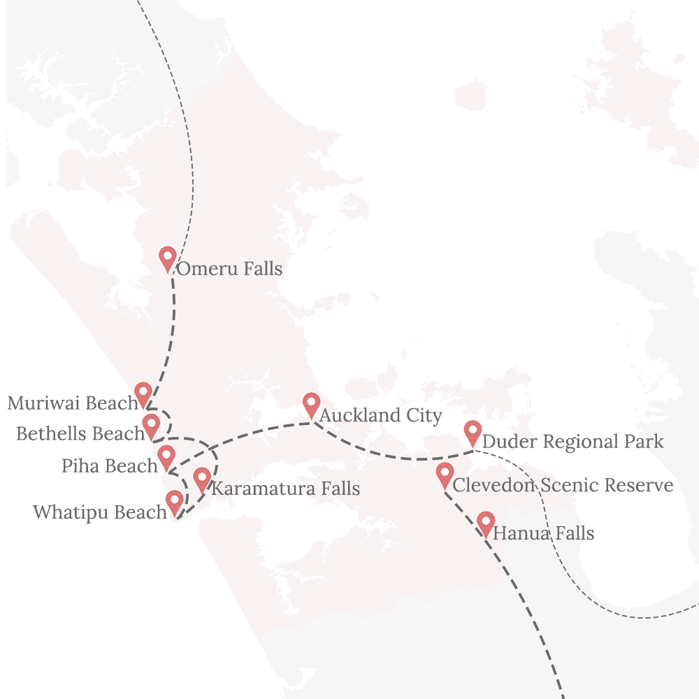 Karte von Auckland Region mit Pins auf Ausflugszielen