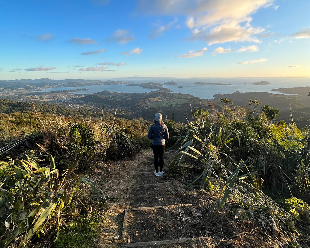 eine Frau von Hinten steht auf einem Hügel und überblickt die Landschaft in Coromandel Town